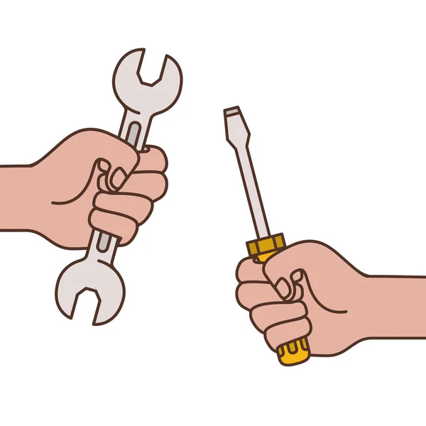 Hands with wrench and screwdriver tool icon — Stock Vector