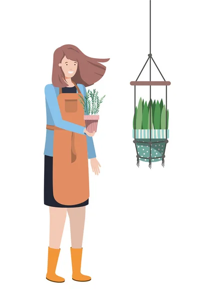 Femme avec plante d'intérieur sur cintres macramé — Image vectorielle