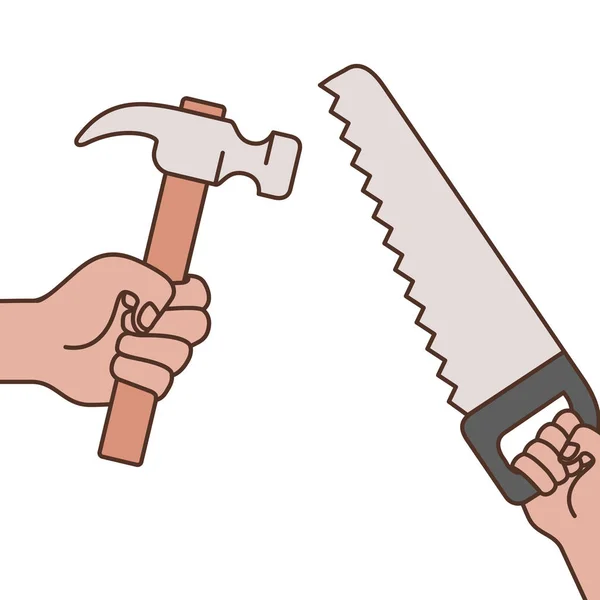 Hands with saw and hammer isolated icon — Stock Vector