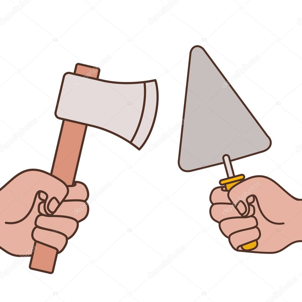 hands with spatula and ax isolated icon