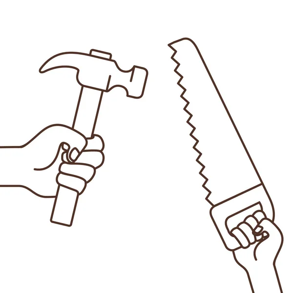 Mão com serra e martelo ícone isolado — Vetor de Stock