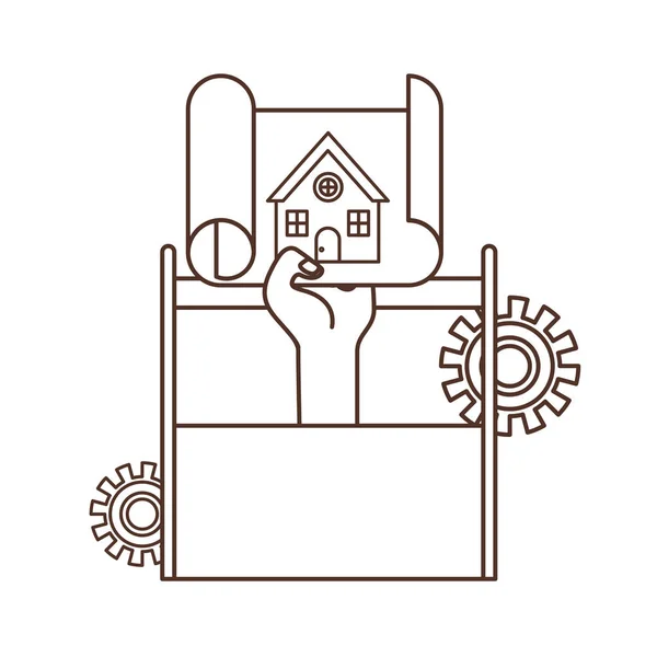 Mano con icono de caja de herramientas de construcción — Vector de stock