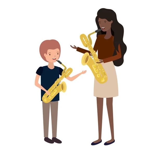 Kobieta z synem i postacią awatara saksofonu — Wektor stockowy