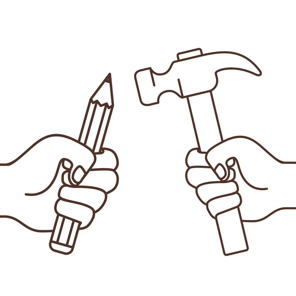 Hand with pencil and hammer isolated icon — Stock Vector