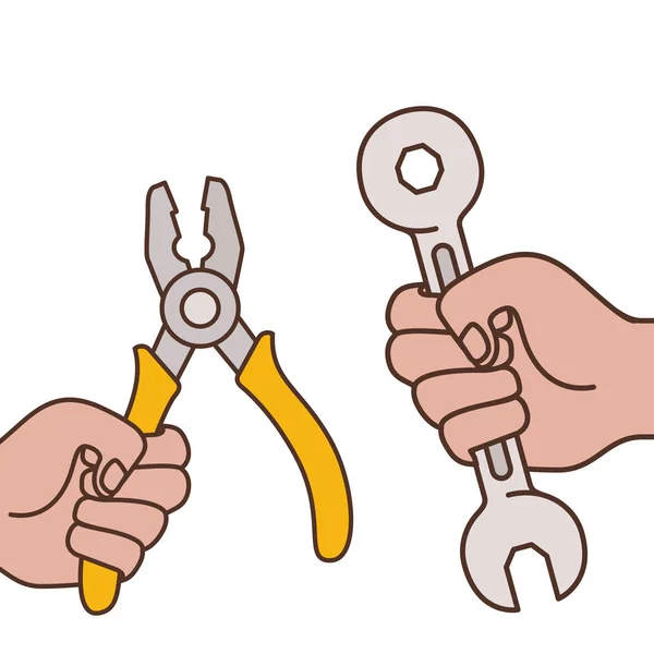 Hands with plier and wrench isolated icon — Stock Vector
