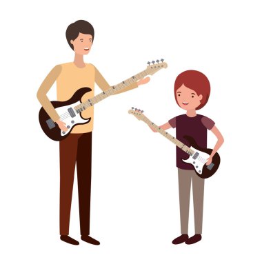 oğlu ve elektrik gitar avatar karakteri ile adam