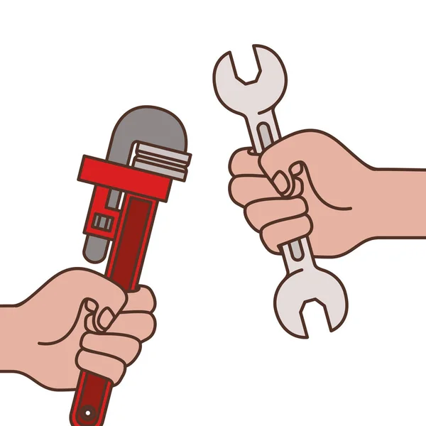 Ruce s ikonami klíče a klíčem s instalatérem — Stockový vektor