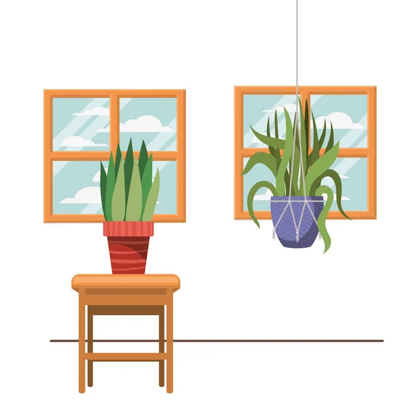 Plantas de sala em cabides macrame e mesa —  Vetores de Stock