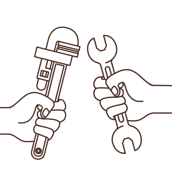 Hand with plumber key and wrench icons — Stock Vector