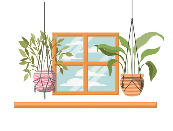 Plantas de sala no ícone cabides macrame —  Vetores de Stock