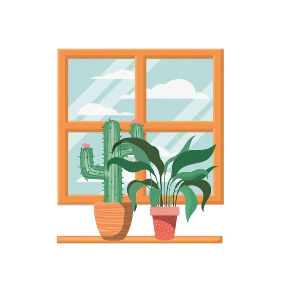 Kaktus med krukväxter på hyllan isolerad ikon — Stock vektor