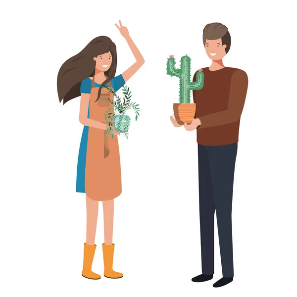 Young couple with houseplant avatar character — ストックベクタ