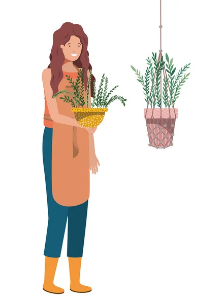Kobieta z rośliną domową na wieszakach makramy — Wektor stockowy