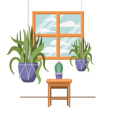macrame askıları ve masa üzerinde houseplants