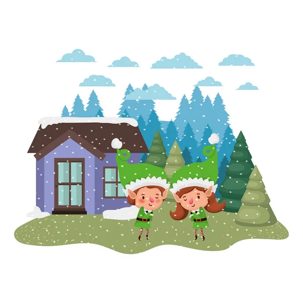 房子与松树落雪和一对夫妇的精灵 — 图库矢量图片
