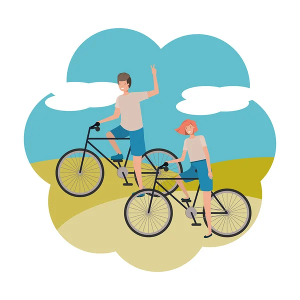 Jovem casal em personagens de bicicleta — Vetor de Stock