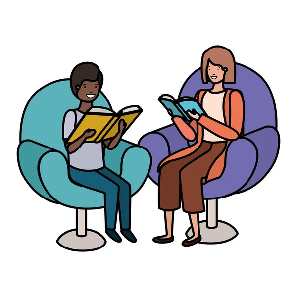 Mutter und Sohn sitzen auf Sofa mit Buch-Avatarfigur — Stockvektor