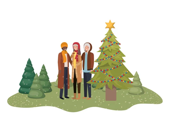 Skupina lidí s vánočním stromku v krajině — Stockový vektor
