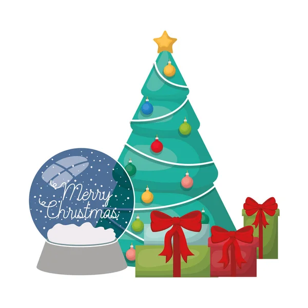 Arbre de Noël avec cadeaux et boule de cristal icône isolée — Image vectorielle