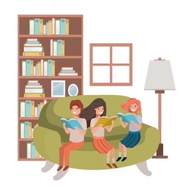 oturma odası avatar karakteri kitap ile insanların grubu