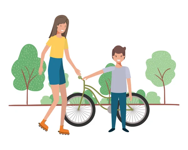 Manzara bisiklet ile anne ve oğlu — Stok Vektör