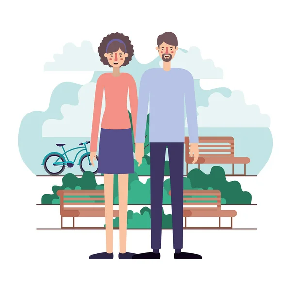 Пара персонажей в парке с велосипедом — стоковый вектор