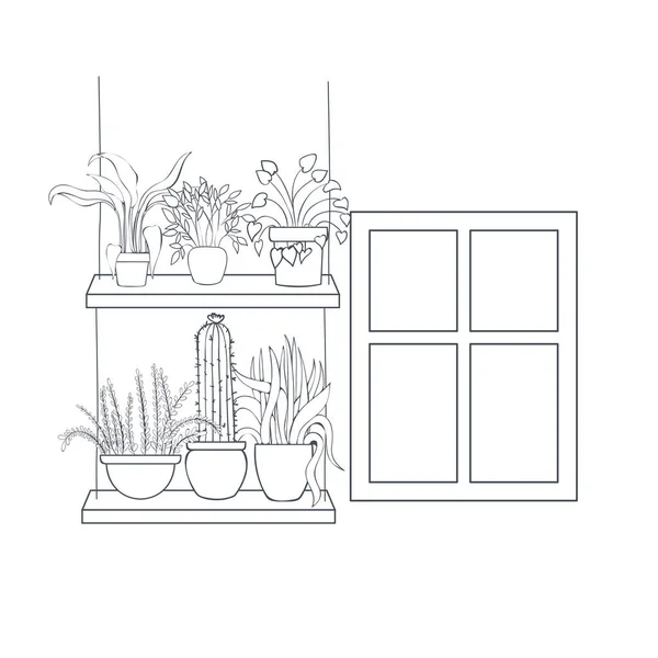 Plantas de interior con maceta en la estantería icono aislado — Vector de stock