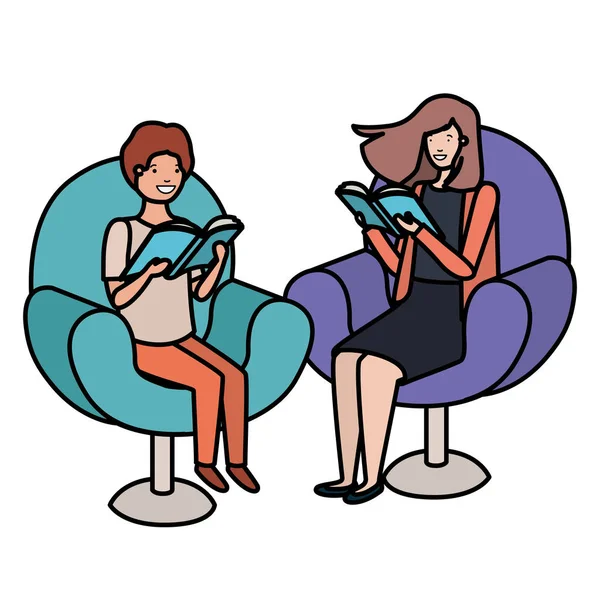 Mutter und Sohn sitzen auf Sofa mit Buch-Avatarfigur — Stockvektor