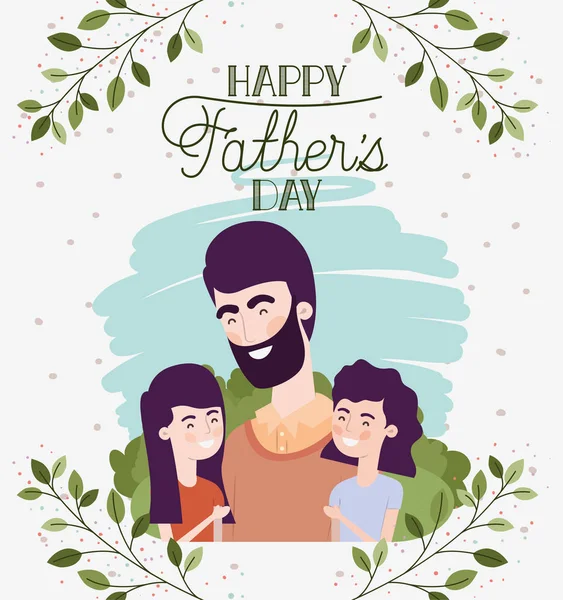 Feliz día de los padres tarjeta con papá e hijas personajes — Archivo Imágenes Vectoriales