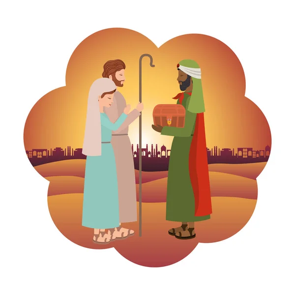 Hombre sabio con san José y María virgen — Vector de stock