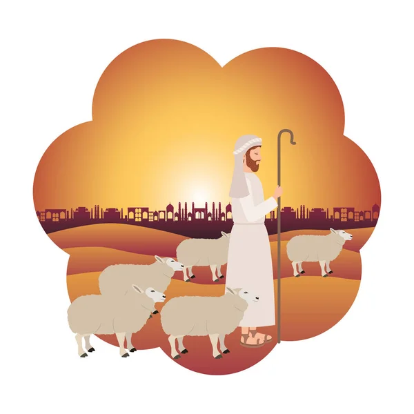 Shepherd with sheeps manger character — Stock Vector