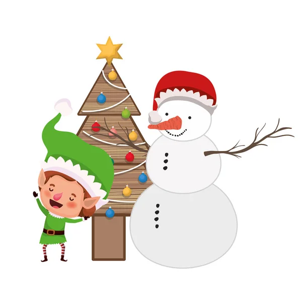 Elfo con muñeco de nieve y árbol de Navidad — Vector de stock