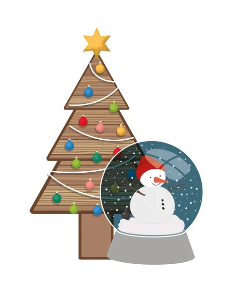 Árbol de Navidad con muñeco de nieve en bola de cristal — Archivo Imágenes Vectoriales