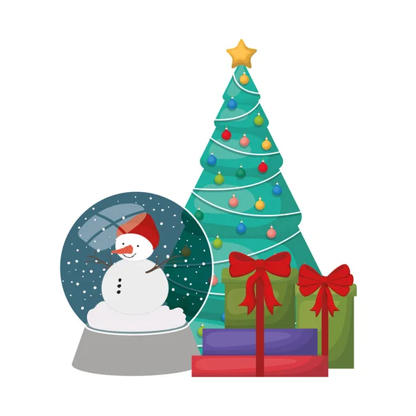 Weihnachtsbaum mit Schneemann in Kristallkugel isoliert Symbol — Stockvektor