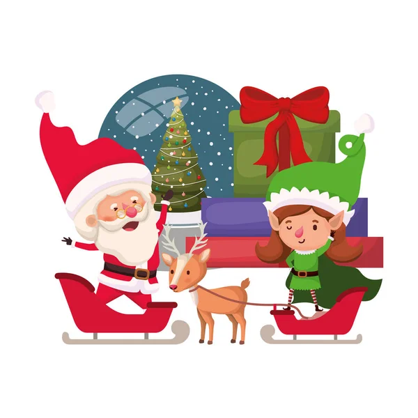 Weihnachtsmann und Elfenfrau mit Kristallkugel — Stockvektor