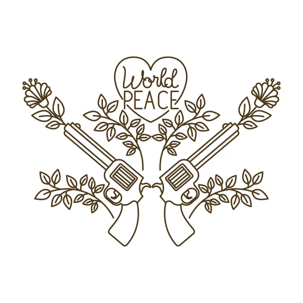 Pistolet avec fleur et paix du monde dans le coeur avec des feuilles icône isolée — Image vectorielle