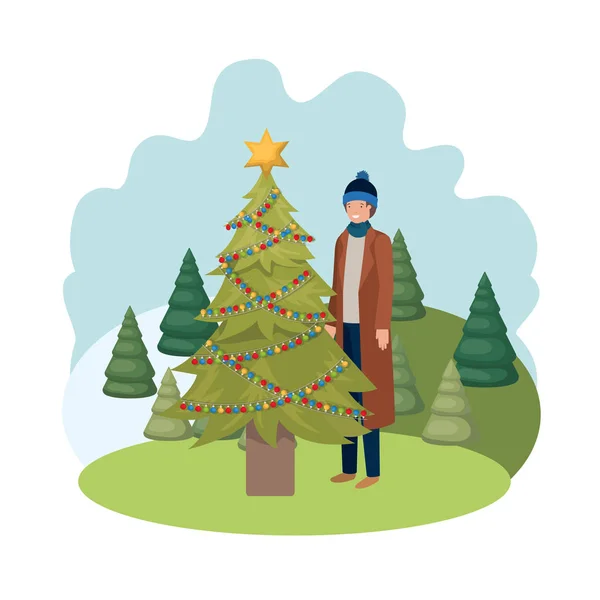 Muž s vánočním stromku v krajině — Stockový vektor