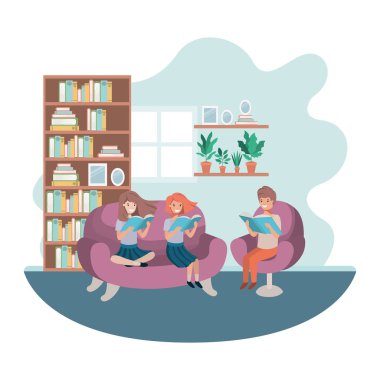 oturma odası avatar karakteri kitap ile insanların grubu