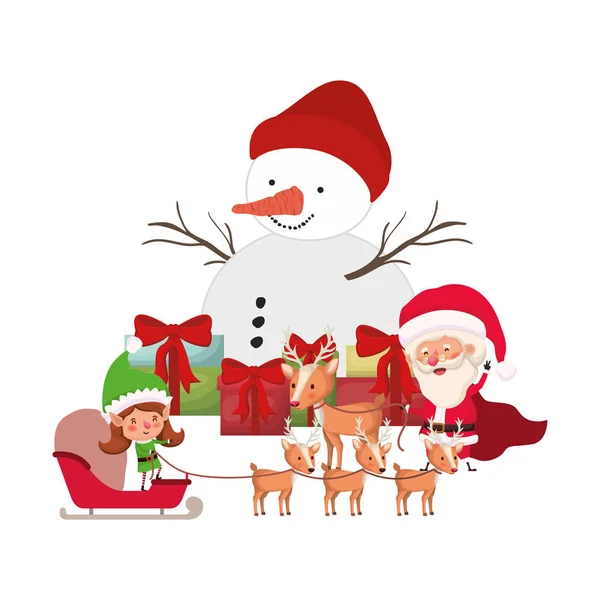 Weihnachtsmann und Elfenfrau mit Schneemann — Stockvektor