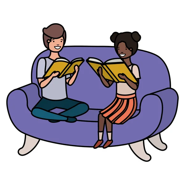 Par barn som sitter i soffan med bok avatar karaktär — Stock vektor