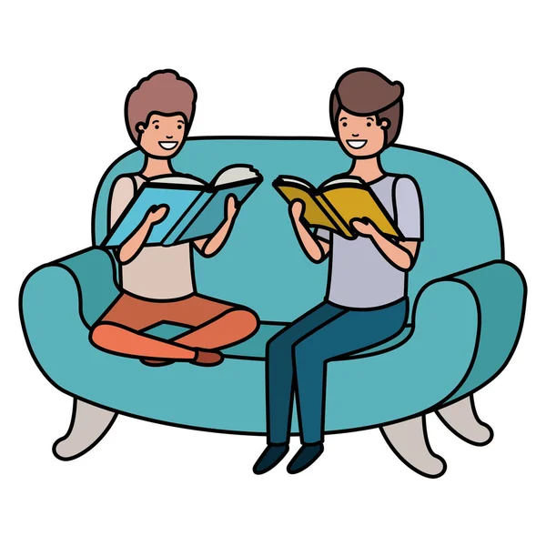 Mężczyźni siedzący w kanapie z postacią awatara książki — Wektor stockowy