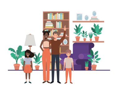 kütüphane avatar karakteri ile oturma odasında aile