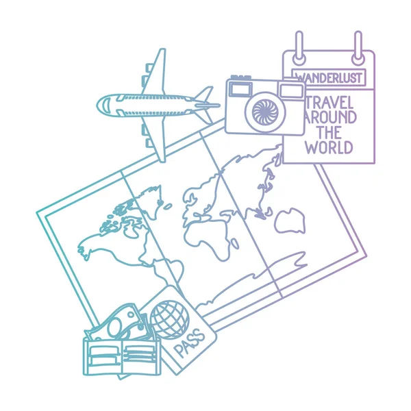 Cartina cartacea con icone di viaggio intorno al mondo — Vettoriale Stock