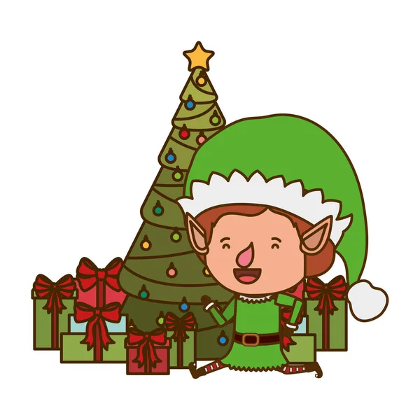 Elf with christmas tree and gifts — Stock Vector