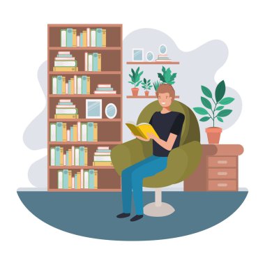 Oturma odası avatar karakteri kitap ile Adam