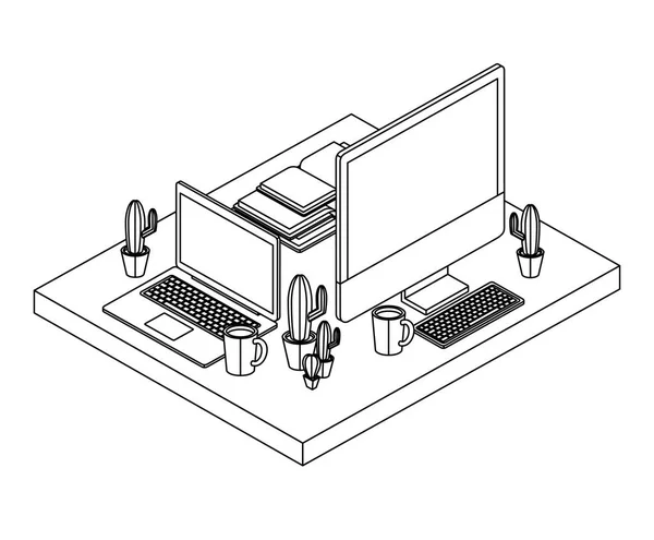 Lieu de travail scène isométrique icônes — Image vectorielle