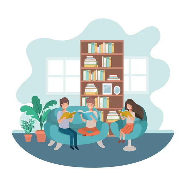 Group of people with book in livingroom avatar character — Stock Vector