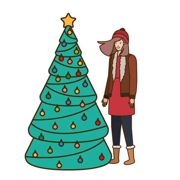 Femme avec arbre de Noël avatar caractère — Image vectorielle