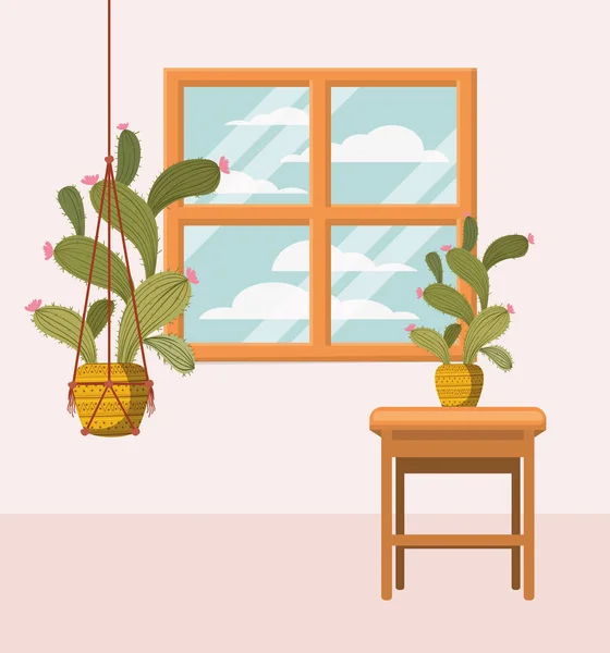 Planta de sala no cabide macrame com janela — Vetor de Stock