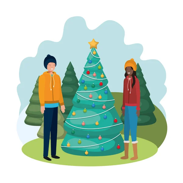 Pár a karácsonyfa a táj — Stock Vector